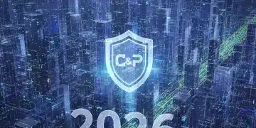 US Tech Startup Compliance: 2026 Operational Framework Guide Futuristic cityscape with data streams and a shield icon, representing US tech compliance in 2026.