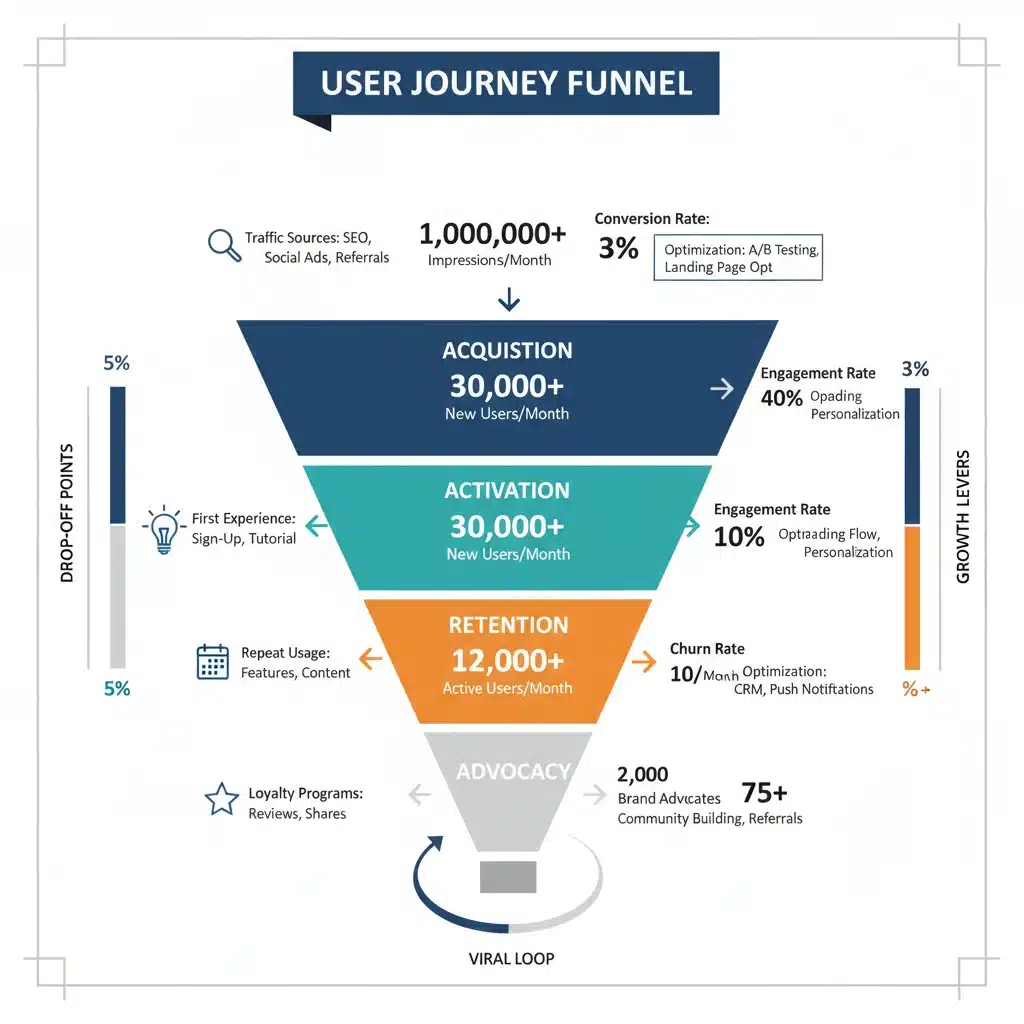 Infographic showing the user journey funnel with key engagement metrics and optimization strategies.