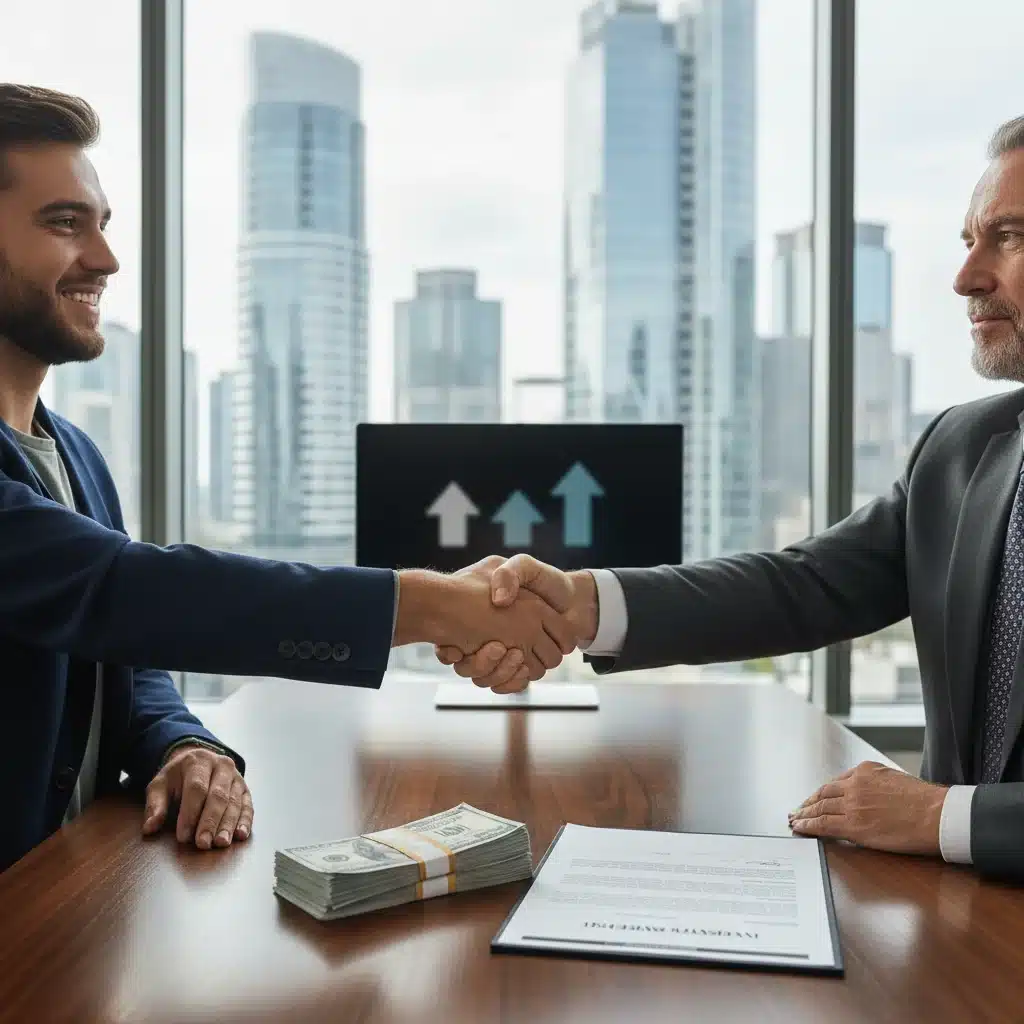 Venture capitalist shaking hands with startup founder after securing funding