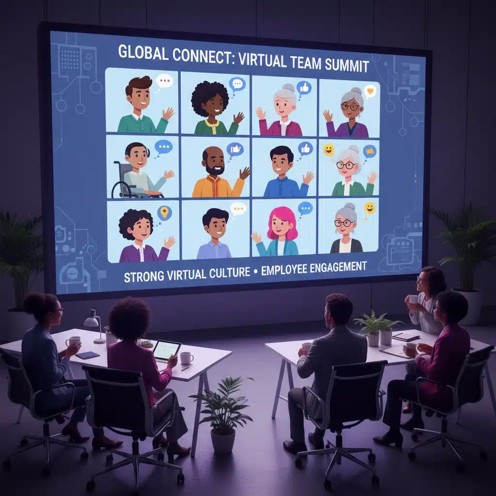 Engaged virtual team meeting, fostering strong remote work culture and communication.
