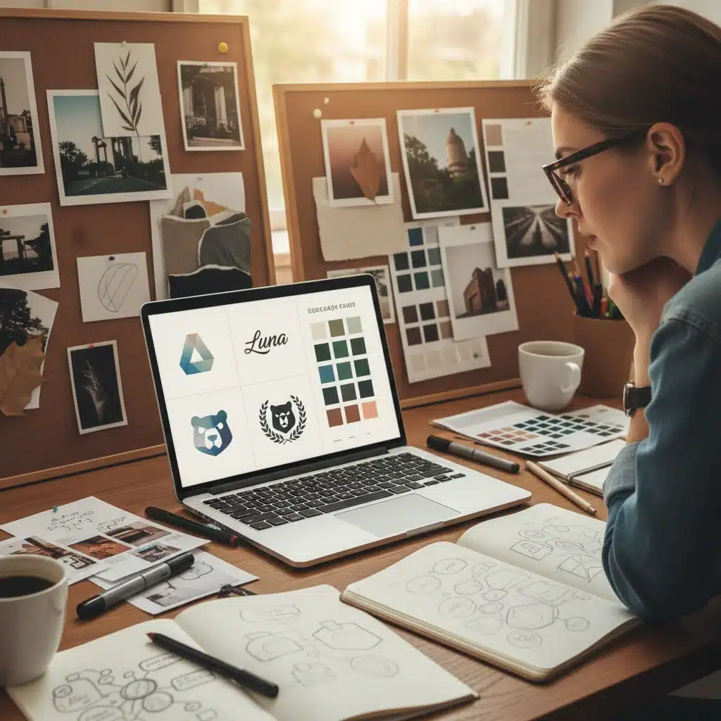 Graphic designer developing visual brand elements like logo, colors, and typography