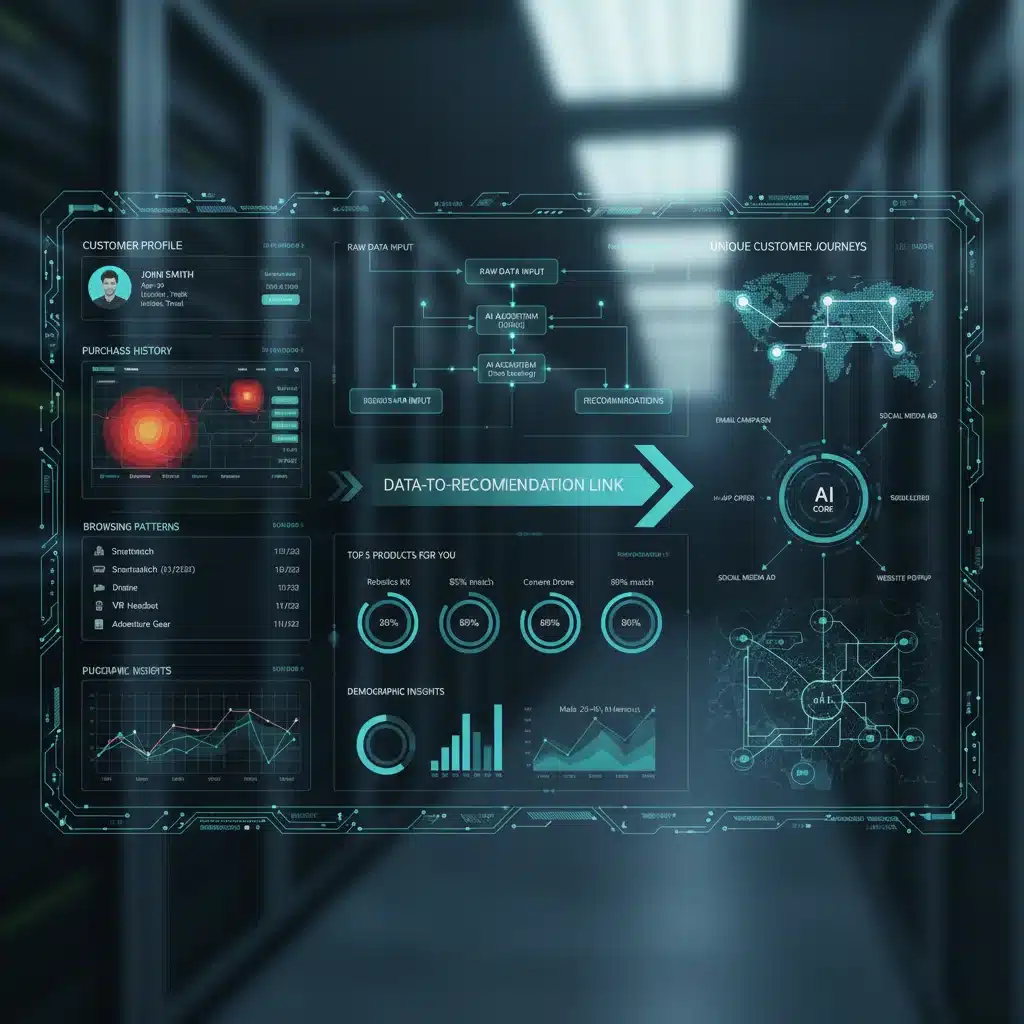 AI dashboard analyzing customer data for personalized recommendations.