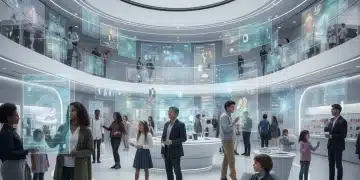 Futuristic retail store with AI-powered personalized product recommendations.