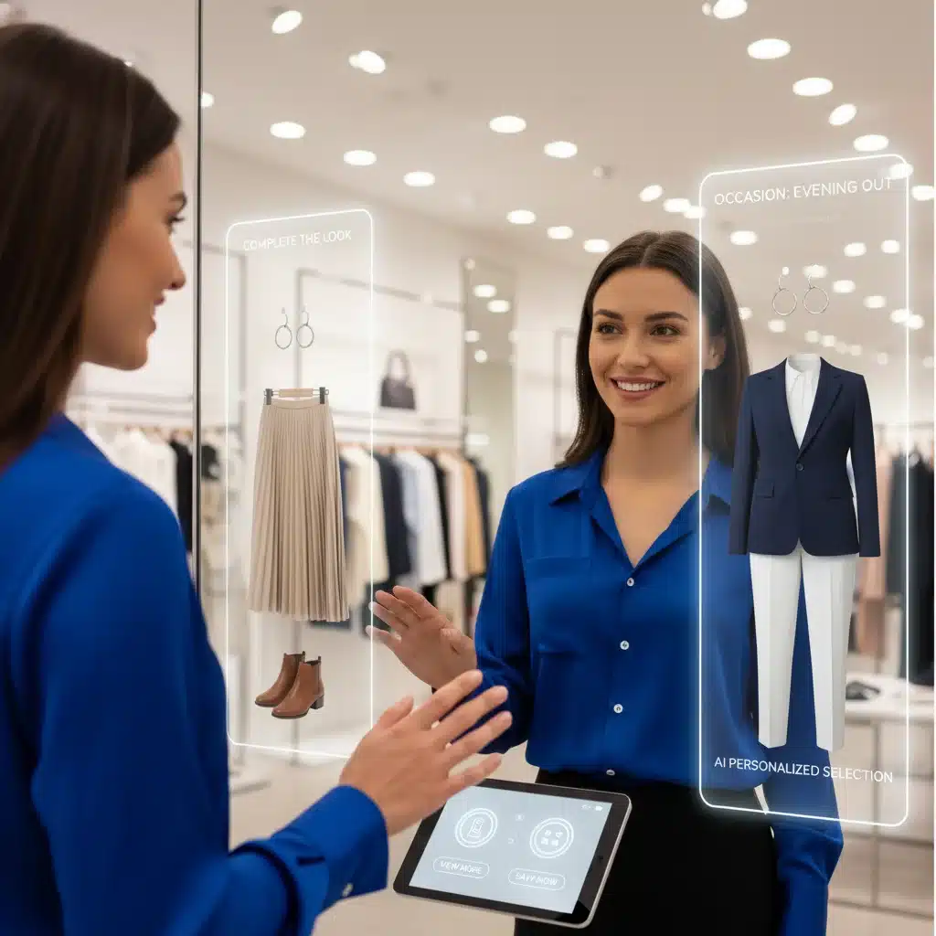 Customer using AI-powered smart mirror for personalized clothing suggestions.