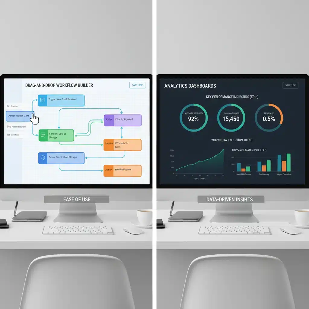 Comparison of two automation platform user interfaces, showing workflow builder and analytics.