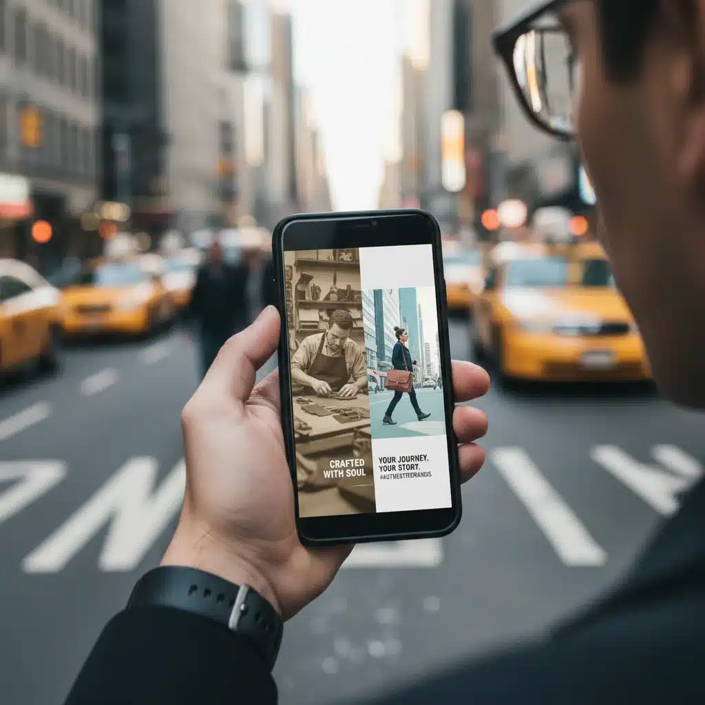 Hand holding smartphone showing engaging brand narrative in urban setting