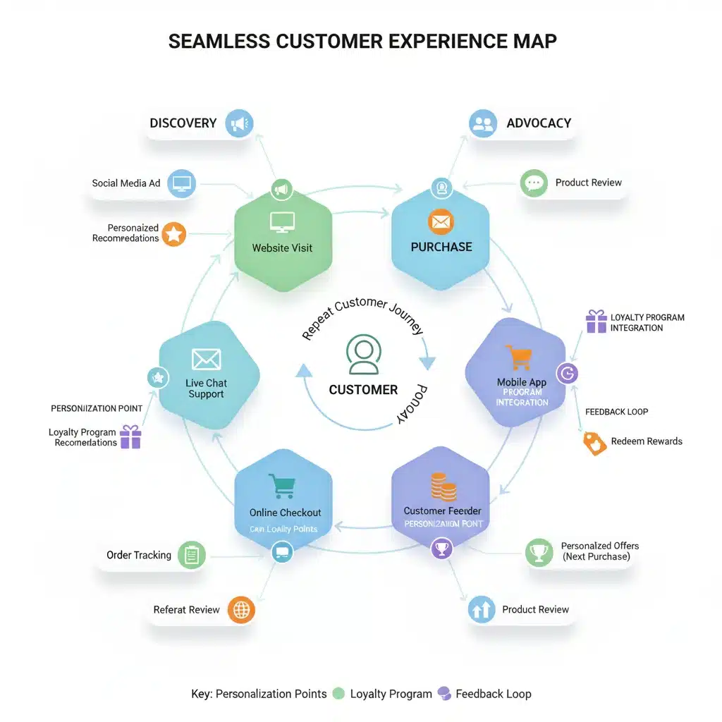 Detailed customer journey map infographic illustrating personalized touchpoints and loyalty programs.
