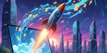 E-commerce rocket launching from laptop, symbolizing rapid growth and revenue increase for startups.