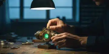 A person's hands carefully assembling a miniature engine model on a wooden workbench, symbolizing the intricate value of brand equity in startup growth.