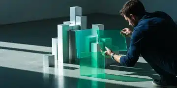 A person from behind, adjusting a complex geometric sculpture of brushed aluminum and green acrylic, symbolizing dynamic brand equity in a digital age.