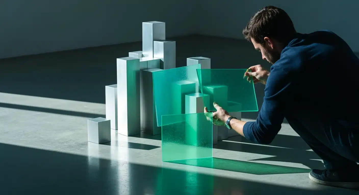 A person from behind, adjusting a complex geometric sculpture of brushed aluminum and green acrylic, symbolizing dynamic brand equity in a digital age.