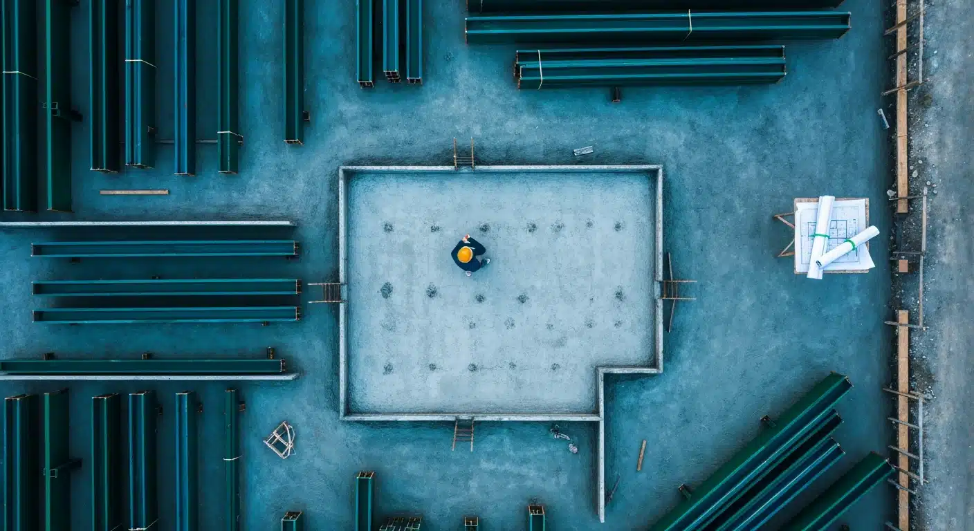 Aerial view of a construction site with a worker on a concrete foundation, surrounded by green steel beams, symbolizing strategic brand building.