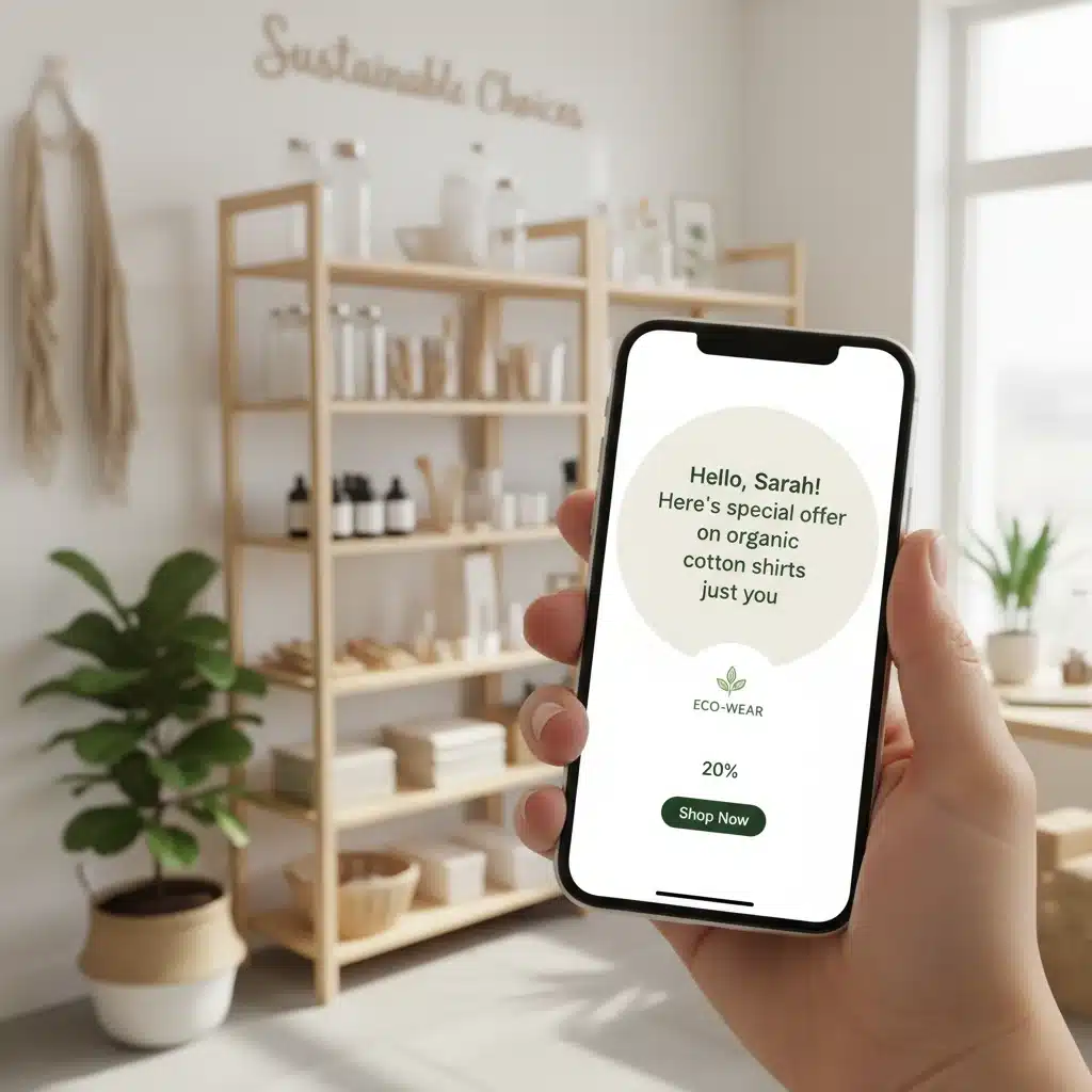 Personalized brand offer on a smartphone, emphasizing ethical and sustainable choices for Gen Z.