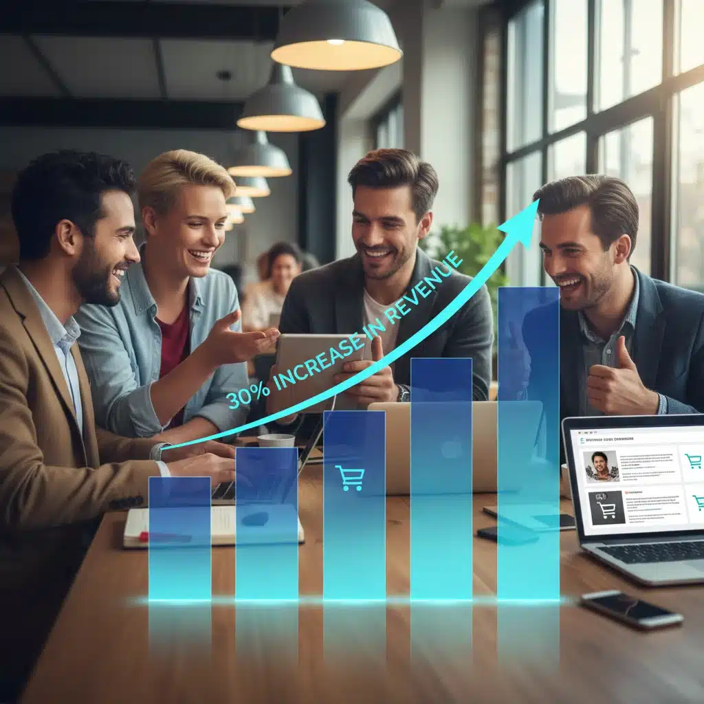 Bar chart showing a 30% revenue increase with happy customers interacting with an e-commerce site.