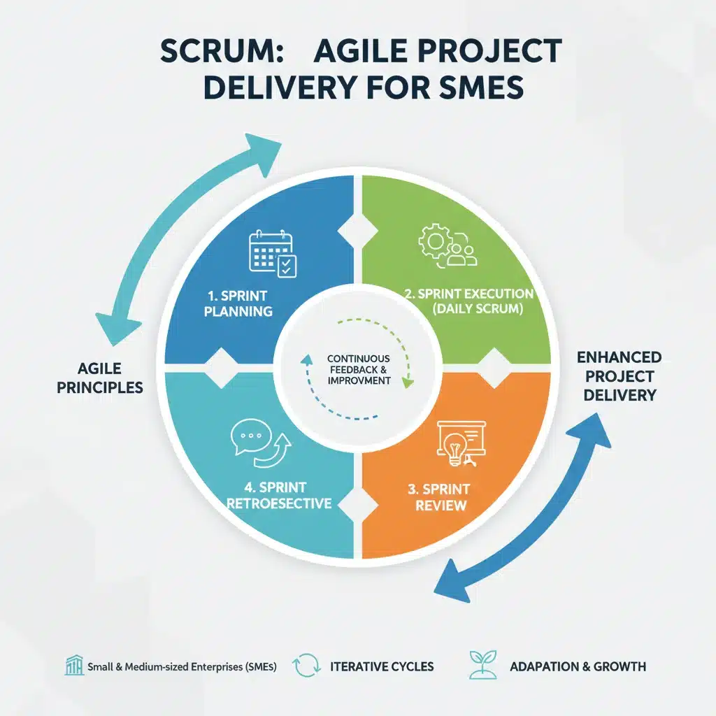 Scrum project management cycle infographic demonstrating iterative development and continuous improvement.