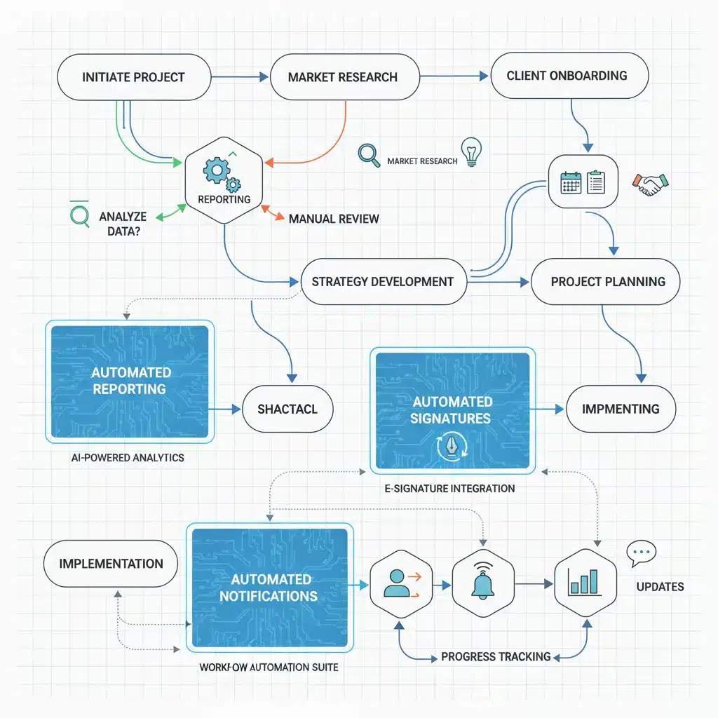 Workflow diagram illustrating business process automation integration points.