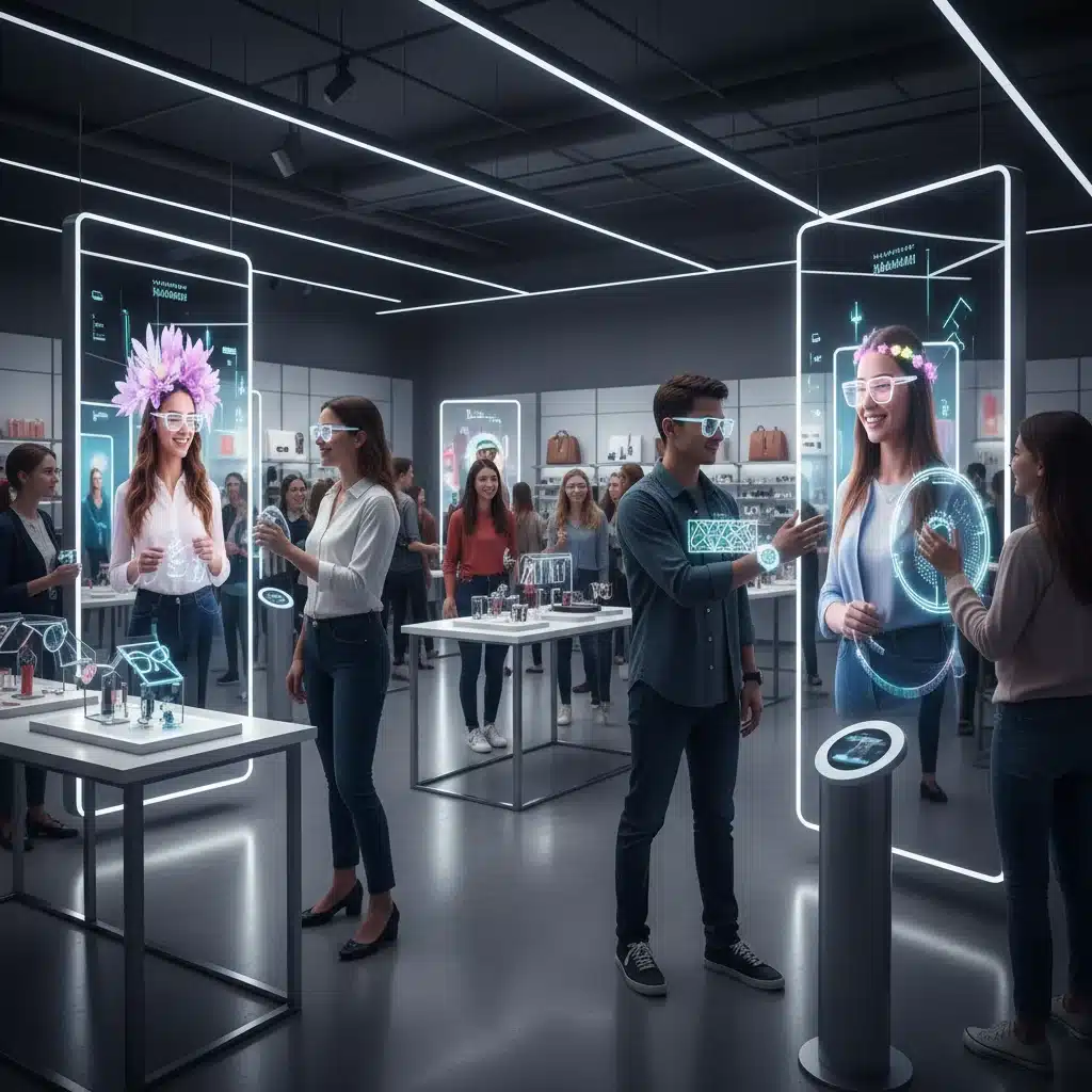 Customers engaging with augmented reality mirrors in a retail store