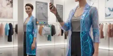 Woman using augmented reality app on phone to visualize clothes in a retail setting
