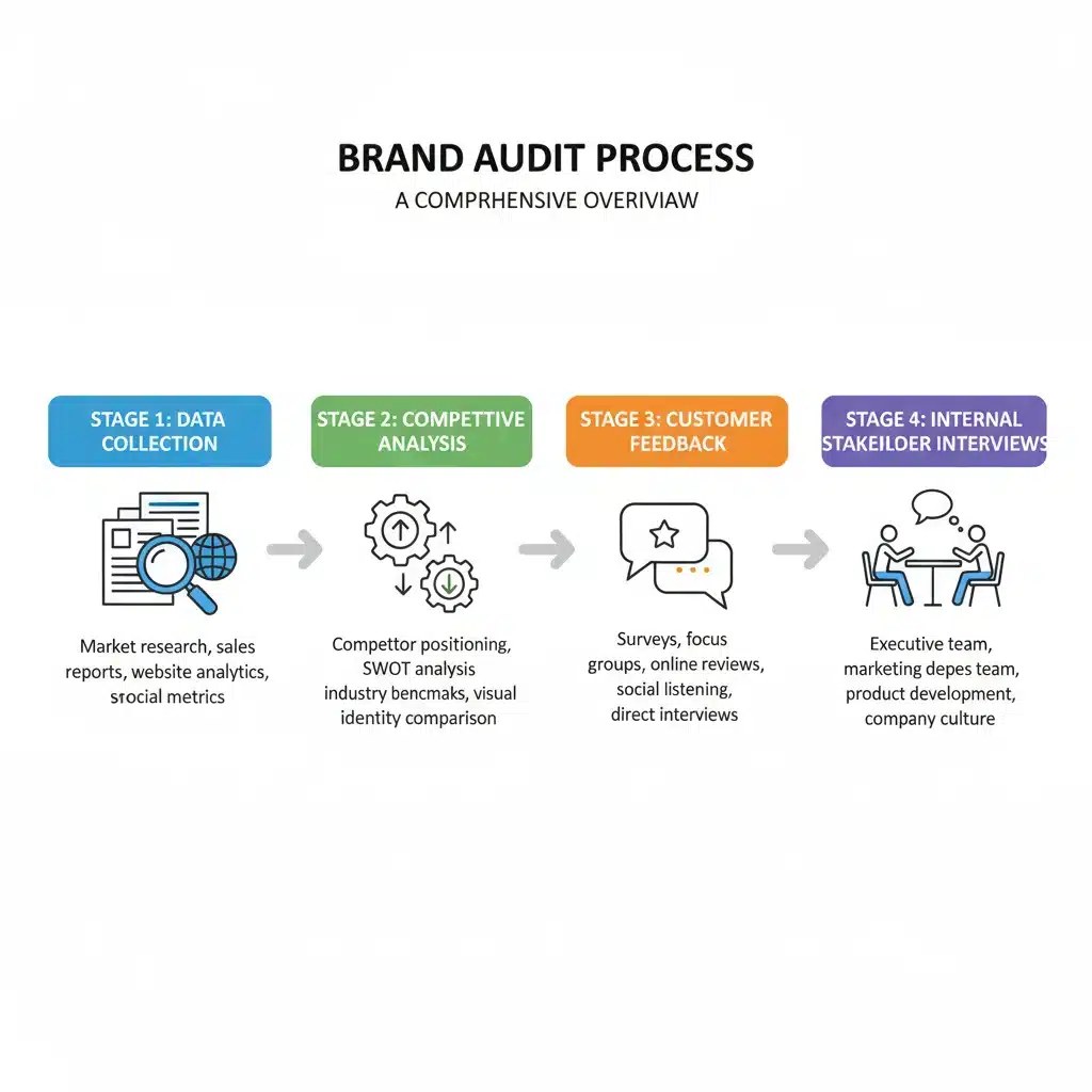 Infographic showing the comprehensive steps of a brand audit for e-commerce, including data, competition, and customer feedback.