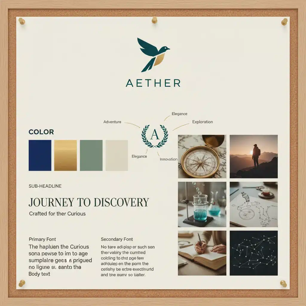 Visual mood board showcasing cohesive brand elements: logo, colors, typography, and imagery.