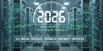Futuristic data center with glowing servers representing 2026 business continuity planning for digital services uptime.