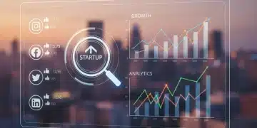 Digital marketing dashboard with growth charts and social media icons for startup success.
