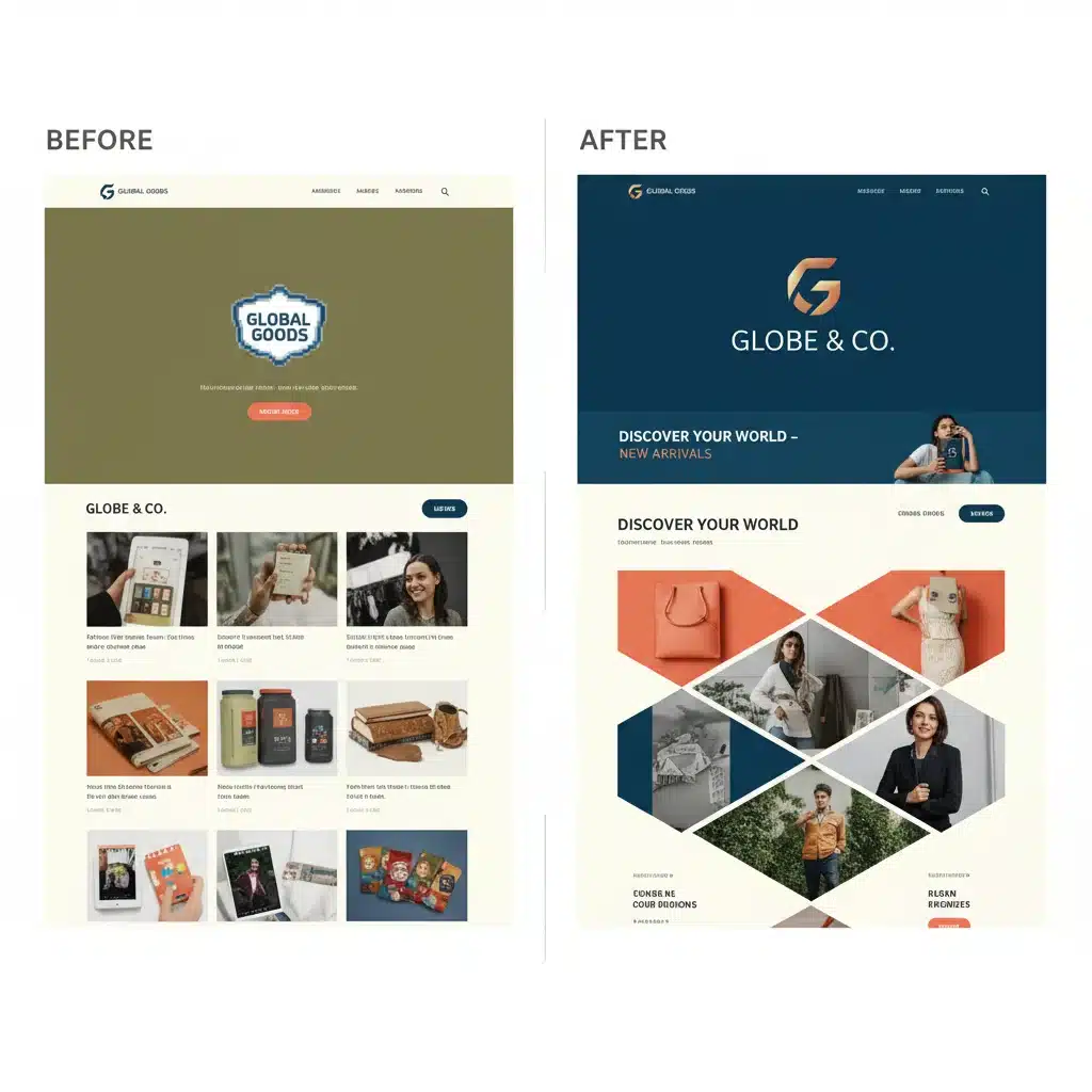 Before and after comparison of an e-commerce brand's visual identity, showcasing a successful rebrand with modern aesthetics.