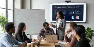 Entrepreneurs collaborating in a modern co-working space, discussing startup funding strategies.