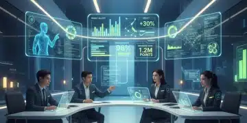 Futuristic office with diverse team and AI productivity metrics
