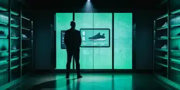 A person observing a seamless phygital retail display in a high-tech store, showcasing brand equity in a modern evolving landscape.