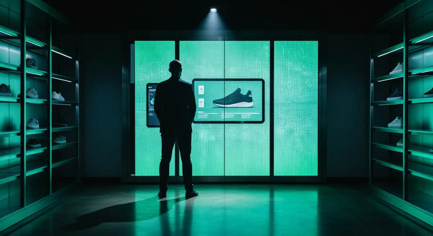 A person observing a seamless phygital retail display in a high-tech store, showcasing brand equity in a modern evolving landscape.