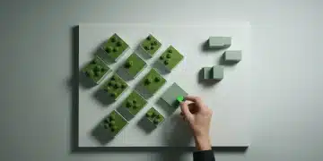 Aerial view of a complex architectural model, showcasing green roof buildings in a hexagonal grid, representing brand equity and strategic growth frameworks. A hand adjusts a green block.