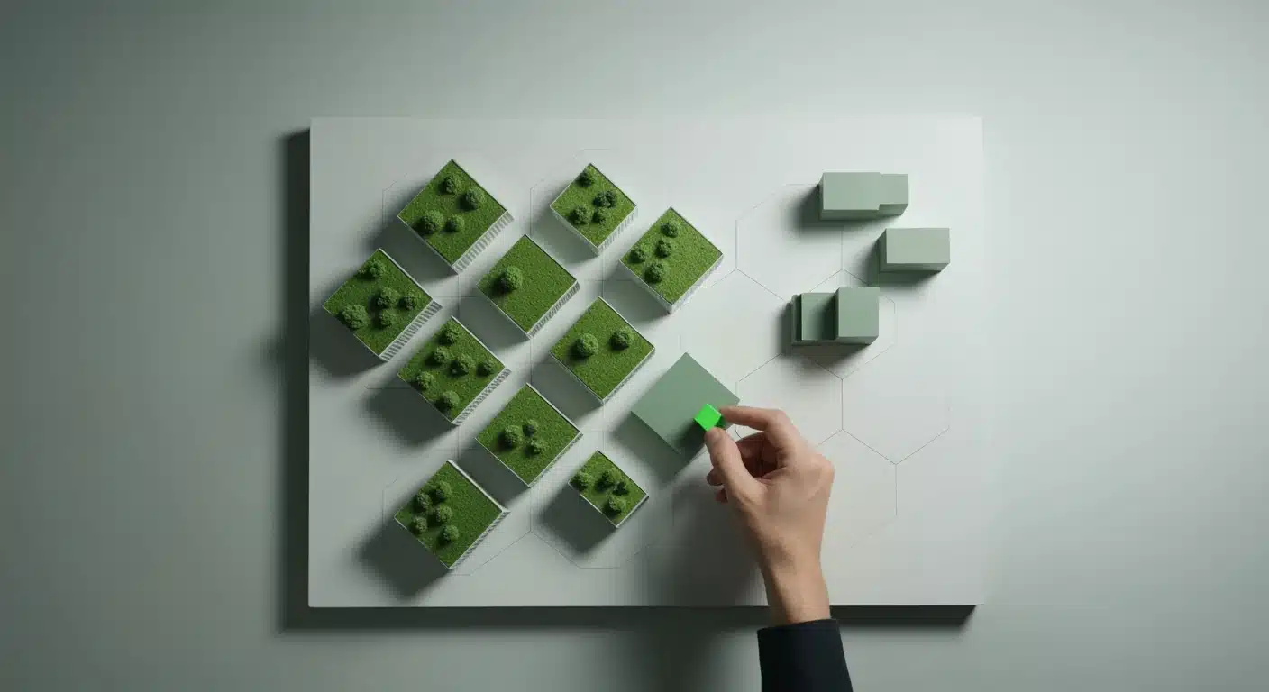 Aerial view of a complex architectural model, showcasing green roof buildings in a hexagonal grid, representing brand equity and strategic growth frameworks. A hand adjusts a green block.