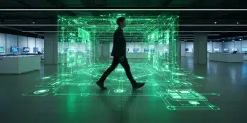 A person navigating a complex web of glowing green digital customer touchpoints in a modern retail space, symbolizing the shift from linear to multi-touchpoint customer journeys in algorithmic commerce.