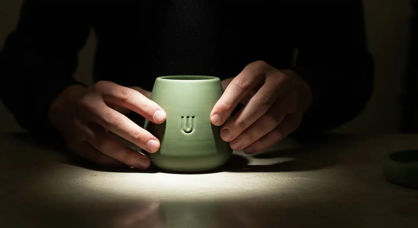 Close-up of hands gently touching a matte green ceramic product with an embossed logo, illuminated by dramatic chiaroscuro light, symbolizing deep brand resonance and customer connection.