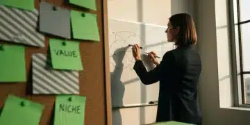 Female entrepreneur defining core brand identity with a Venn diagram on a whiteboard, surrounded by vibrant green sticky notes in a focused, high-contrast setting.