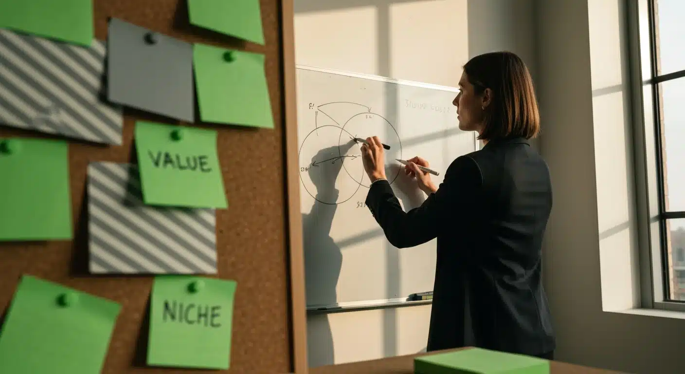 Female entrepreneur defining core brand identity with a Venn diagram on a whiteboard, surrounded by vibrant green sticky notes in a focused, high-contrast setting.