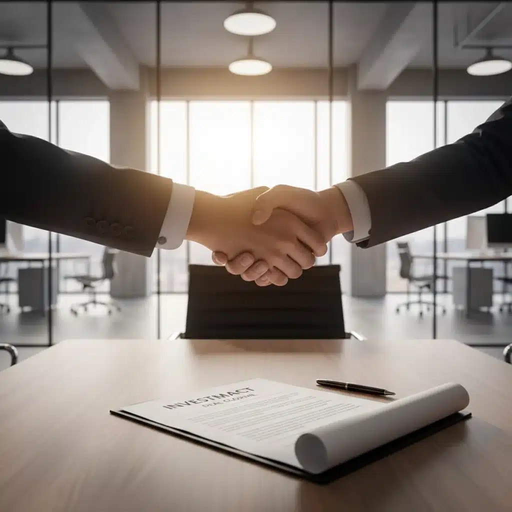 Two hands shaking to symbolize a closed investment deal, with a contract visible.