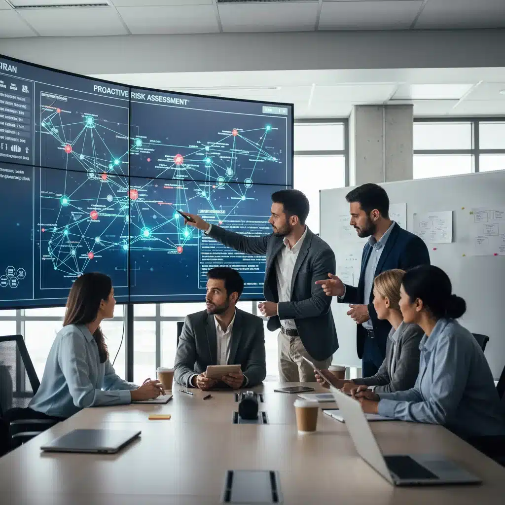 IT professionals analyzing network diagram for risk assessment in business continuity.