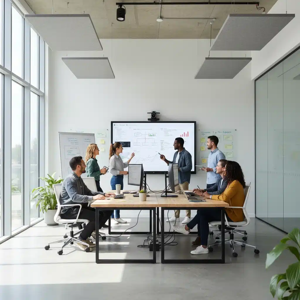 Diverse startup team collaborating efficiently, symbolizing optimized workflows and productivity.