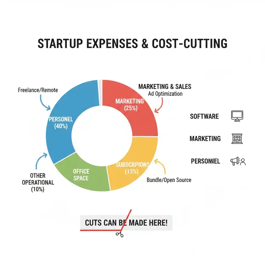 Infographic detailing startup expense categories and potential cost-cutting areas.