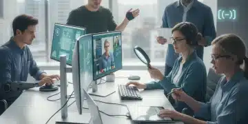 Grupo diverso de personas interactuando con tecnología, simbolizando la accesibilidad digital y la inclusión.