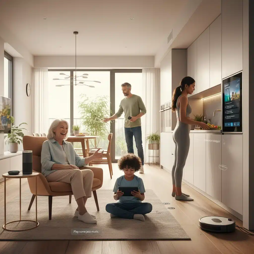Diversas personas interactuando con dispositivos inteligentes mediante comandos de voz en un hogar moderno.
