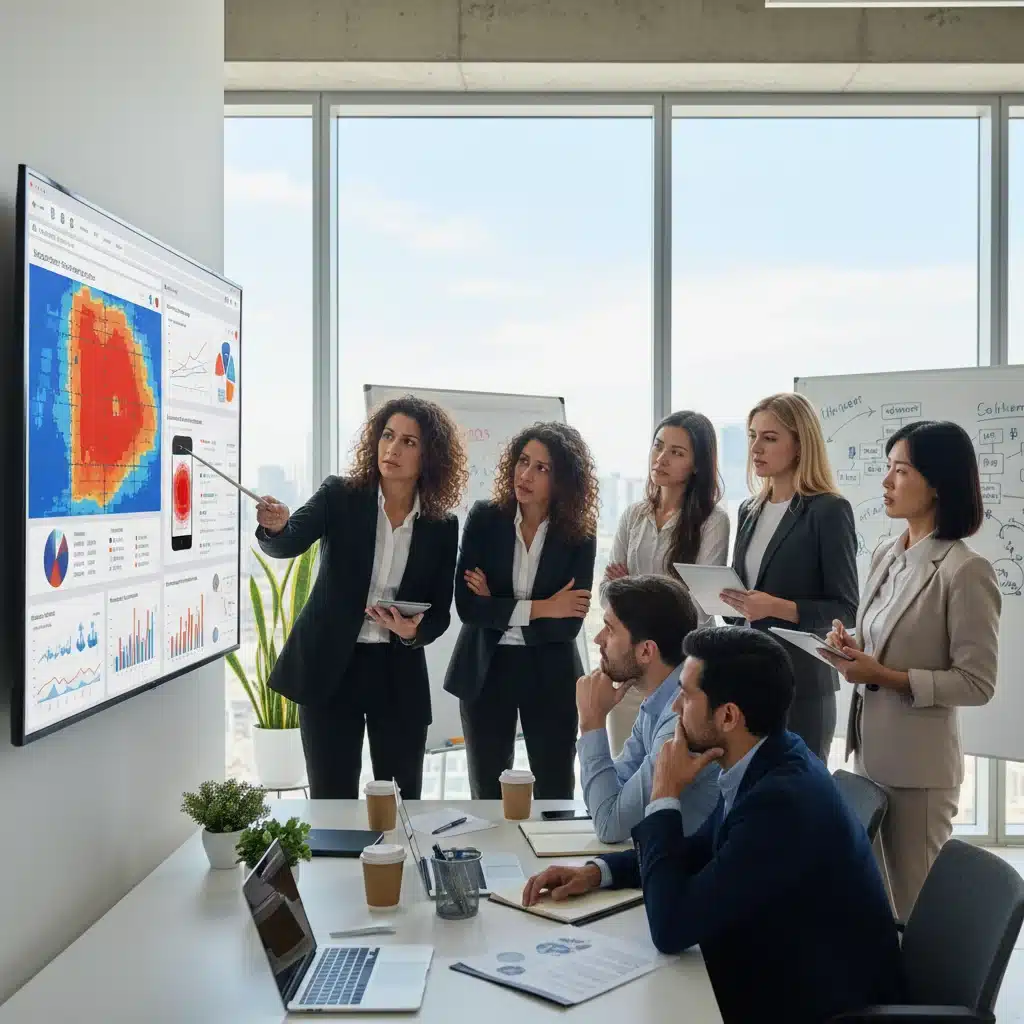 Equipo de marketing analizando datos de experiencia de usuario en una pantalla grande, identificando problemas.