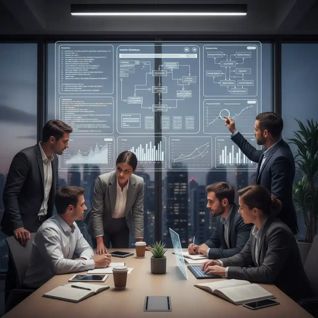 Equipo de profesionales analizando datos de SEO técnico en una pantalla grande, enfocados en la optimización web.