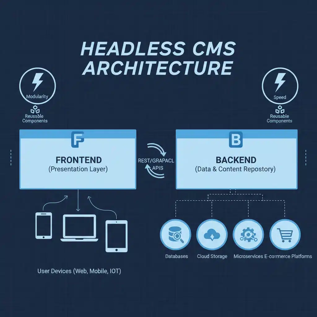 Diagrama de arquitectura de un CMS Headless con conexiones API