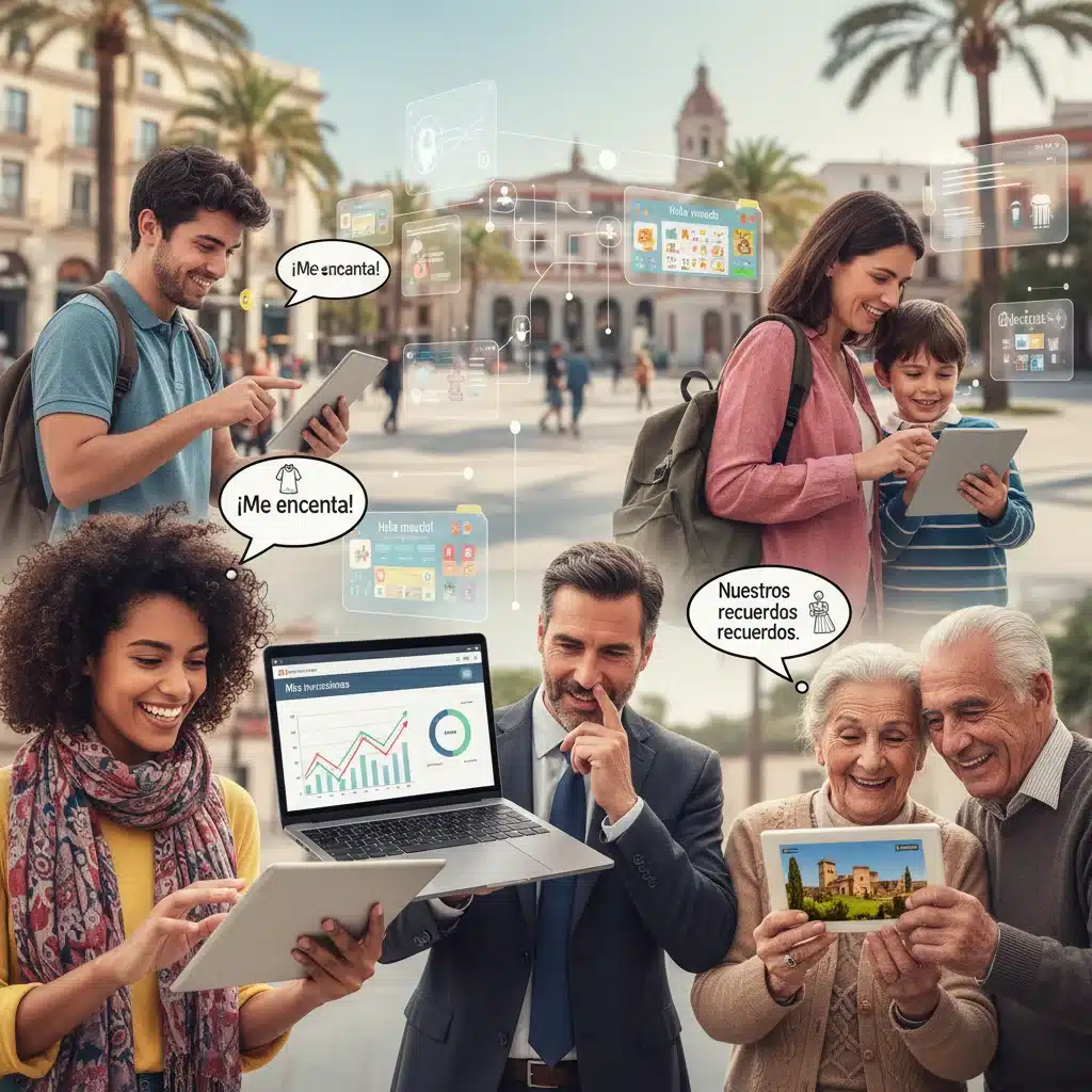Audiencia diversa interactuando con contenido digital personalizado en España