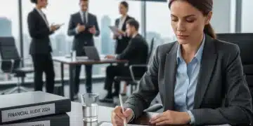 Auditoría Interna: Clave para la Eficiencia Operativa y Crecimiento Sostenible Auditor profesional revisando documentos financieros y datos empresariales en una tablet, con gráficos de crecimiento en el fondo.