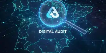 Auditoría de Marca Digital 2026: Claves del Éxito en España Representación futurista de una auditoría de marca digital en España, con elementos tecnológicos y un logo bajo una lupa.