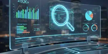 Panel de control digital futurista con gráficos de SEO y una lupa, representando una auditoría SEO en 2026.